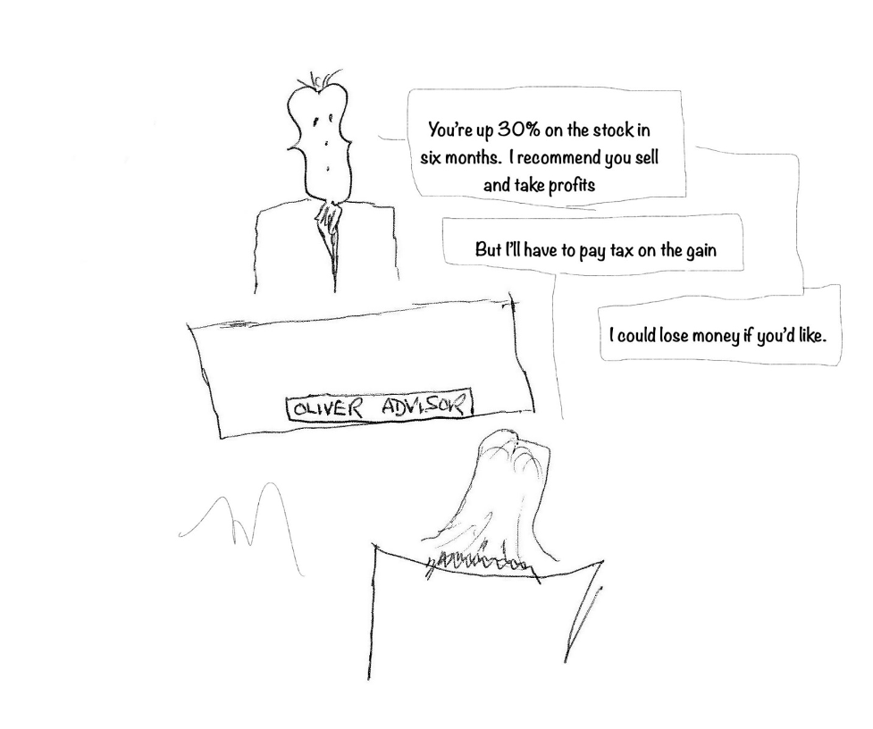 Cartoon drawing of a financial advisor having a conversation with a client
