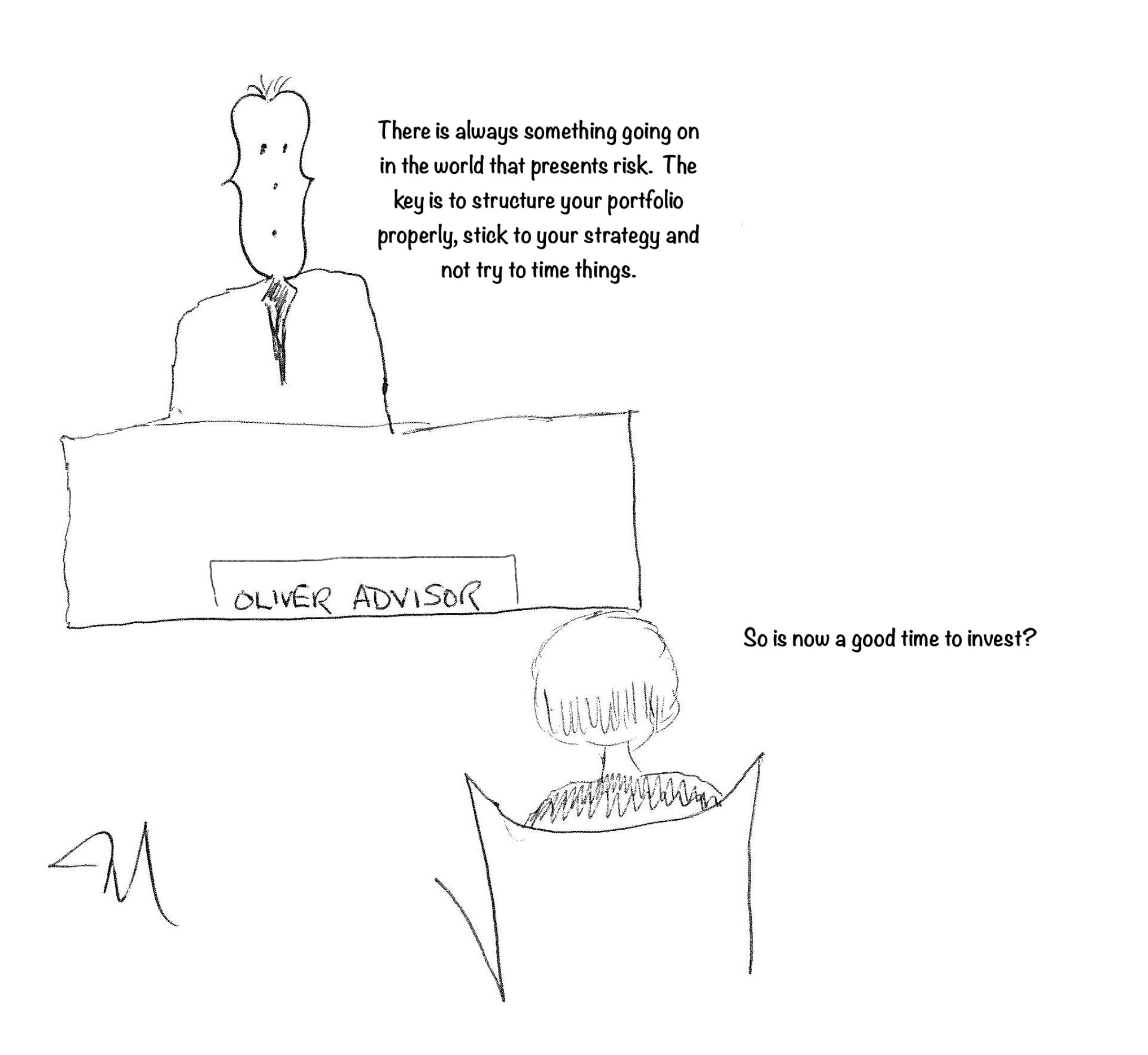Cartoon drawing of a person asking an advisor if now is a good time to invest their money